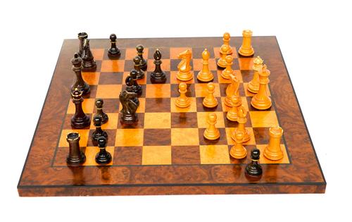 MCCARTHY & SONS: HEIRLOOM STAUNTON CHESS SET AND CASE IN BOXWOOD, WALNUT, MYRTLE, STAINED SANDALWOOD AND EBONY