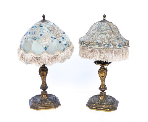 A PAIR OF REGENCE STYLE GILT-BRONZE CANDLESTICKS ADAPTED TO LAMPS (4)