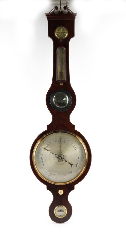 A REGENCY MAHOGANY LINE INLAID BANJO BAROMETER