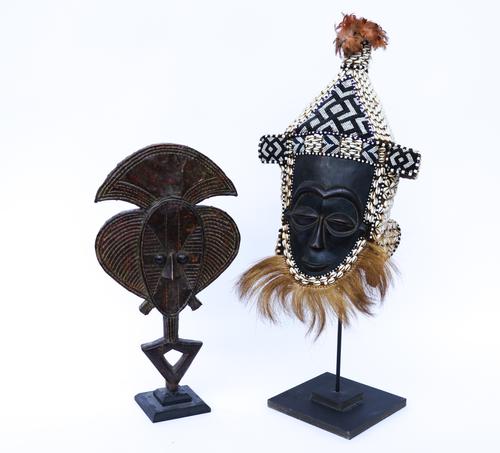 AN AFRICAN TRIBAL MASK, POSSIBLY LELE OR KUBA, AND A KOTA WOODEN FIGURE (2)