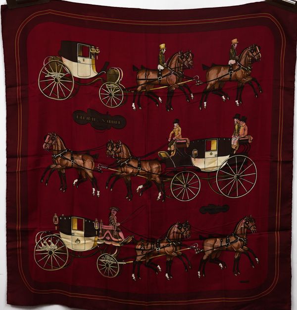 HERMES: 'COACH & SADDLE' SILK SCARF BY PHILLIPE LEDOUX