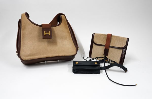 HERMES: A TAN CANVAS AND LEATHER TSAKO CROSS BODY BAG WITH PURSE AND A NAVY BLUE POCHETTE GREEN WAIST BAG (3)