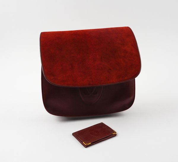 CARTIER: MUST DE CARTIER BURGUNDY SUEDE AND LEATHER SHOULDER BAG AND CARD POUCH (2)