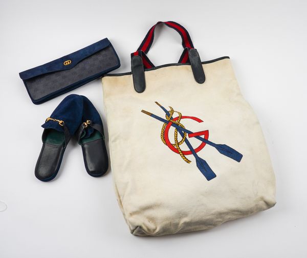 GUCCI: A CREAM CANVAS TOTE BAG TOGETHER WITH A PAIR OF BLUE SUEDE SLIPPERS IN MATCHING BAG (3)