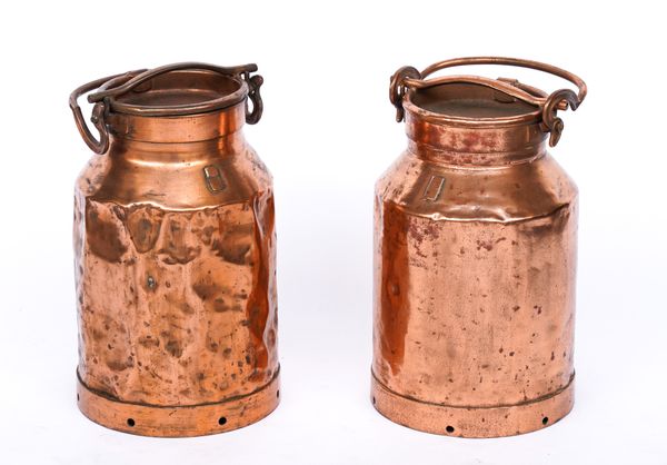 A PAIR OF COPPER MILK URNS