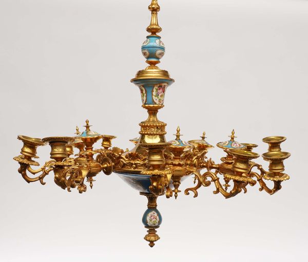 A FRENCH GILT-METAL MOUNTED SEVRES-STYLE TURQUOISE GROUND PORCELAIN TWELVE-LIGHT CHANDELIER