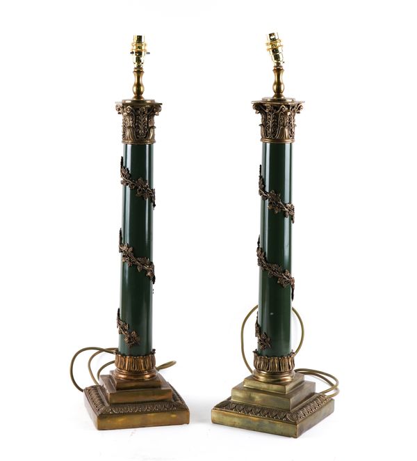 A PAIR OF GILT-METAL MOUNTED GREEN ENAMEL COLUMN TABLE LAMPS (2)