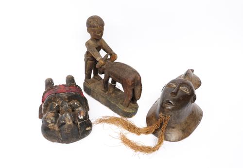 TWO BAULE MASKS AND A BAULE FIGURE HOLDING A BULL, IVORY COAST (3)
