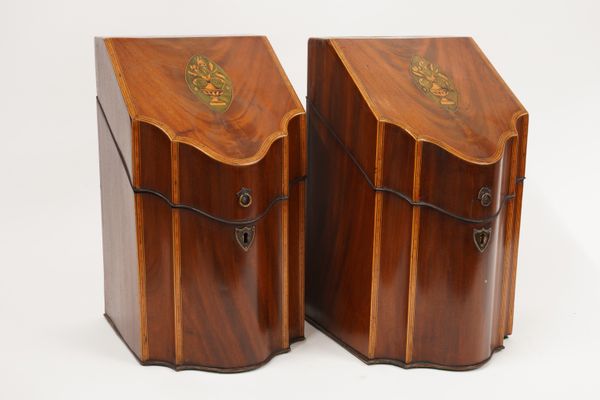 A PAIR OF GEORGE III MARQUETRY INLAID MAHOGANY TULIPWOOD BANDED SLOPE TOP, SERPETINE FRONTED KNIFE BOXES (2)