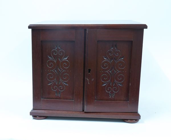 A 19TH CENTURY MAHOGANY TWO DOOR COIN COLLECTOR'S CABINET