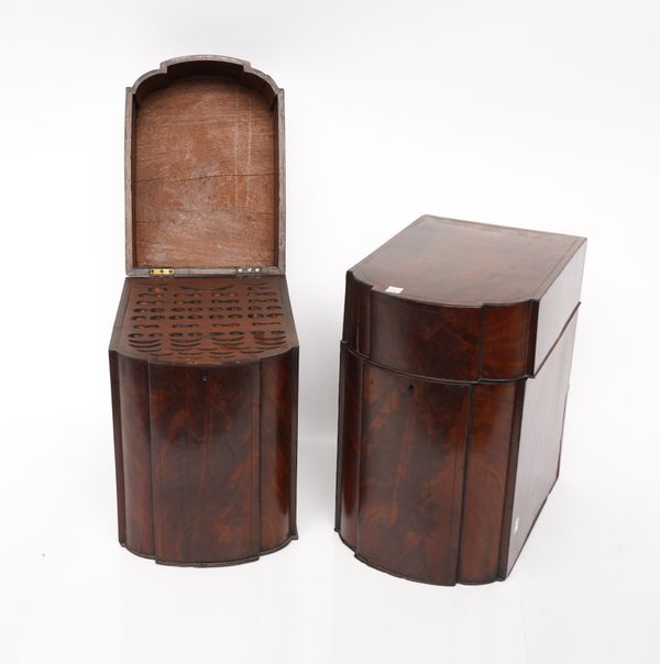 A PAIR OF GEORGE III FLAT TOP MAHOGANY BREAK-BOWFRONTED KNIFEBOXES (2)