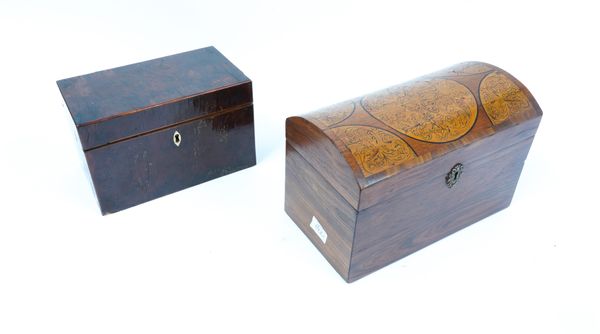 AN EARLY 19TH CENTURY BURR YEW RECTANGULAR TEA CADDY (2)