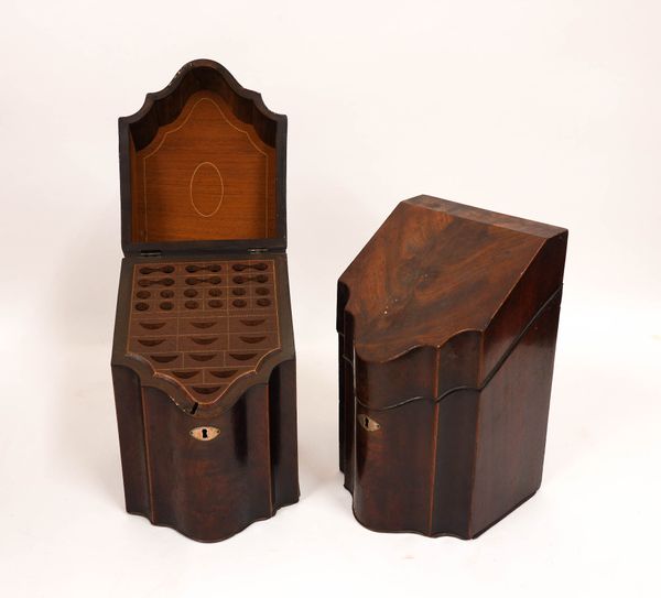 A PAIR OF GEORGE III CHEVRON BANDED MAHOGANY SLOPE TOP SERPENTINE FRONTED KNIFE BOXES (2)