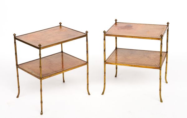 A PAIR OF MID-20TH CENTURY LEATHER INSET BRASS FAUX BAMBOO RECTANGULAR TWO TIER ETAGERES (2)