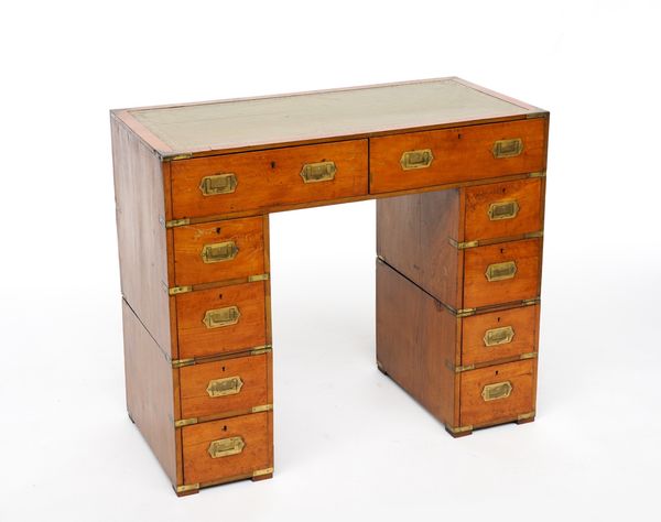 A 19TH CENTURY BRASS BOUND SATINWOOD PEDESTAL WRITING DESK