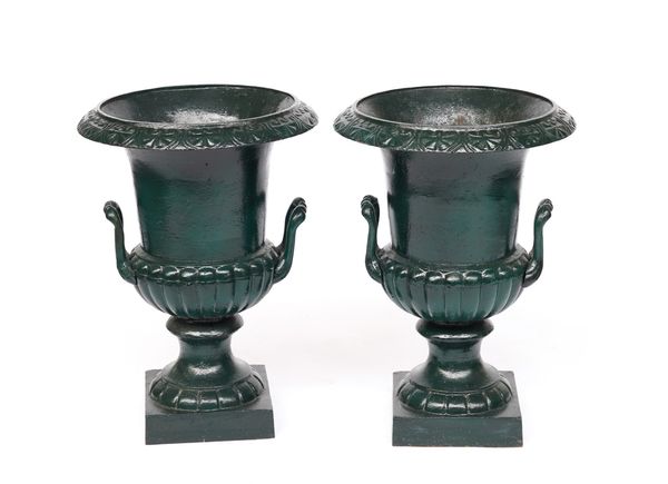 A PAIR OF 19TH CENTURY GREEN PAINTED CAST IRON CAMPAGNA SHAPED JARDINIERES (2)