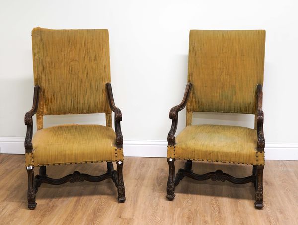 A PAIR OF 17TH CENTURY STYLE FLEMISH SQUARE BACK OPEN ARMCHAIRS (2)