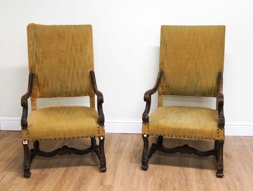 A PAIR OF 17TH CENTURY STYLE FLEMISH SQUARE BACK OPEN ARMCHAIRS (2)