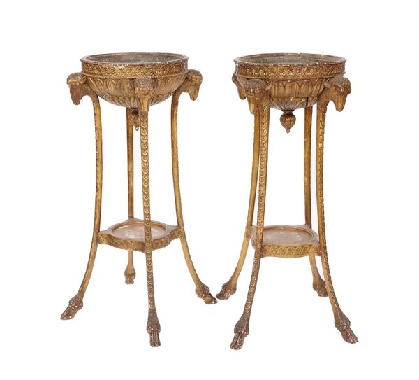 A PAIR OF ADAM STYLE GILT RAM'S HEAD MOUNTED BOWL ON STANDS (2)