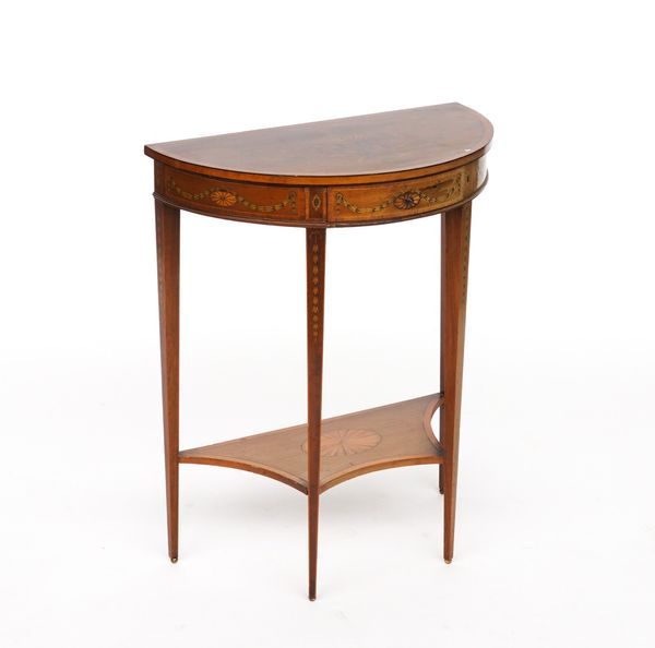 AN EDWARDIAN MARQUETRY INLAID MAHOGANY DEMI-LUNE SINGLE DRAWER SIDE TABLE