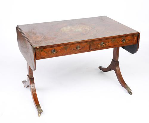 A GEORGE III LATER POLYCHROME PAINTED TWO DRAWER SOFA TABLE