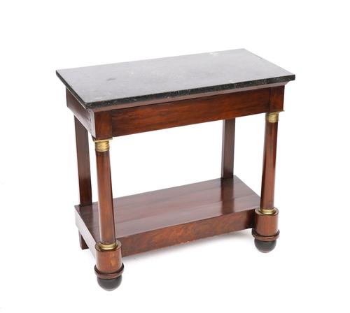 A FRENCH EMPIRE MARBLE TOPPED GILT METAL MOUNTED MAHOGANY SINGLE DRAWER CONSOLE