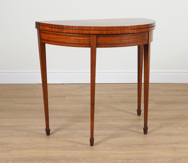 A GEORGE III SATINWOOD DEMI LUNE FOLDOVER CARD TABLE