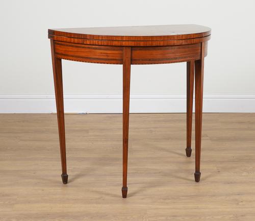 A GEORGE III SATINWOOD DEMI LUNE FOLDOVER CARD TABLE