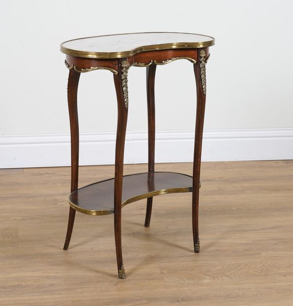 A LOUIS XV STYLE MARBLE TOP GILT METAL MOUNTED MAHOGANY KIDNEY SHAPED TWO TIER OCCASIONAL TABLE