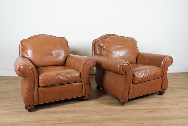 ETHAN ALLEN; A PAIR OF TAN LEATHER UPHOLSTERED EASY ARMCHAIRS (2)