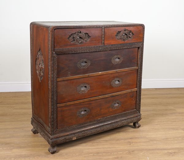 A LATE 19TH CENTURY CHINESE CARVED HARDWOOD FIVE DRAWER CHEST