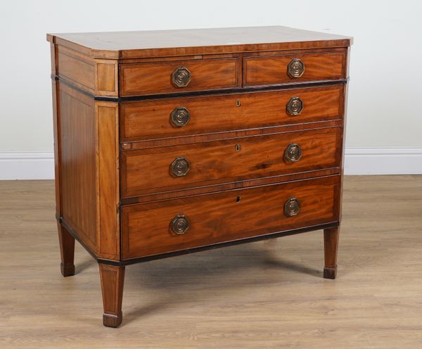 AN 18TH CENTURY CONTINENTAL KINGWOOD BANDED INLAID MAHOGANY FIVE DRAWER CHEST