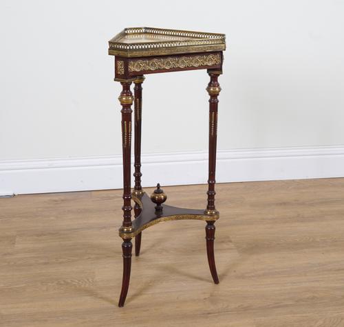 A LOUIS XVI STYLE MARBLE TOP GILT METAL MOUNTED MAHOGANY TRIANGULAR OCCASIONAL TABLE