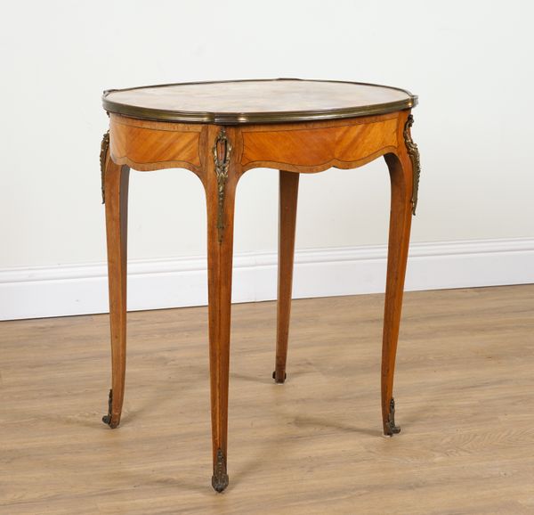 A LOUIS XV STYLE OVAL MARBLE TOP GILT METAL MOUNTED TULIPWOOD AND MAHOGANY OCCASIONAL TABLE