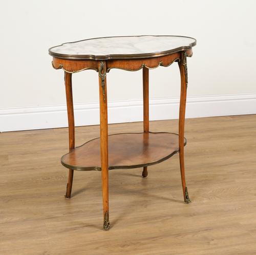 A LOUIS XV STYLE SHAPED OVAL MARBLE TOP GILT METAL MOUNTED MAHOGANY TWO TIER OCCASIONAL TABLE