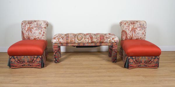 JJ CUSTOM, INC; A MODERN PAISLEY UPHOLSTERED RECTANGULAR FOOTSTOOL (3)