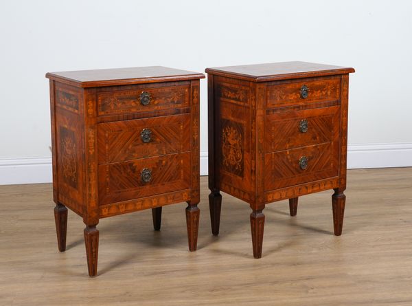 A PAIR OF 18TH CENTURY STYLE ITALIAN INLAID WALNUT THREE DRAWER PETITE COMMODES  (2)