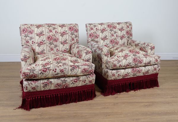 A PAIR OF SQUARE BACK EASY ARMCHAIRS