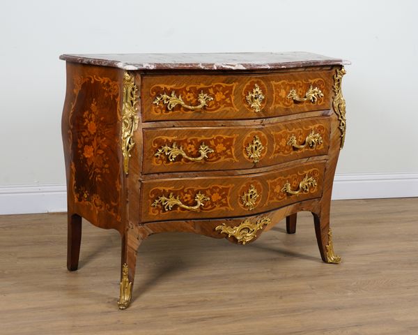 A LOUIS XV STYLE MARBLE TOP SERPENTINE COMMODE