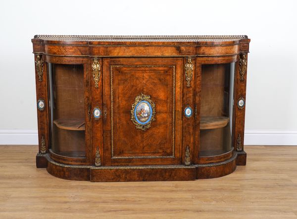 A VICTORIAN GILT METAL AND CERAMIC MOUNTED FIGURED WALNUT CREDENZA