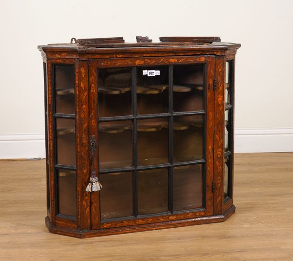 AN 18TH CENTURY FLORAL MARQUETRY DUTCH WALNUT HANGING DISPLAY CABINET