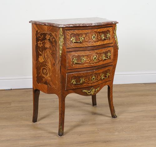 A LOUIS XV STYLE SERPENTINE MARBLE TOP COMMODE