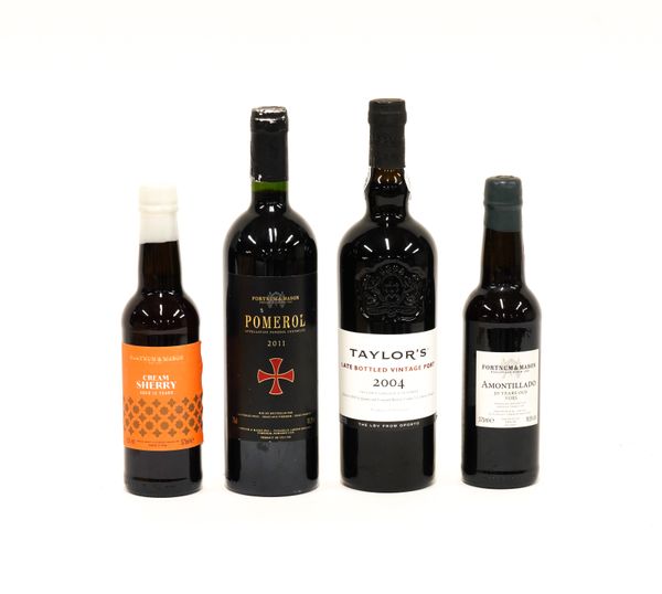 A BOTTLE OF TAYLOR'S 2004 VINTAGE PORT, TOGETHER WITH THREE FORTNUM & MASON BOTTLES OF POMEROL, SHERRY AND AMONTILLADO (4)