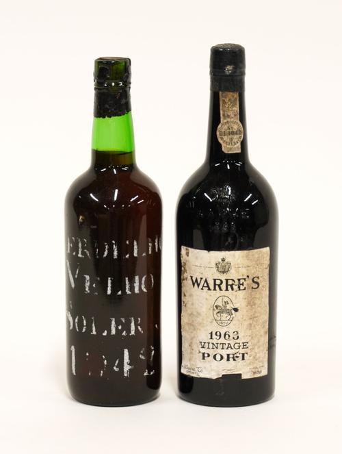A BOTTLE OF 1963 VINTAGE WARRE'S PORT AND A BOTTLE OF VERDELHO VELHO SOLERA 1943 (2)