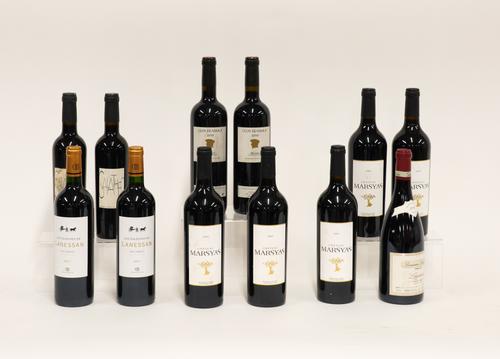 TWELVE BOTTLES OF MIXED WINES INCLUDING TWO BOTTLES OF DOMAINE BOUTEILLER LES CALECHES DE LANESSAN 2011 (12)