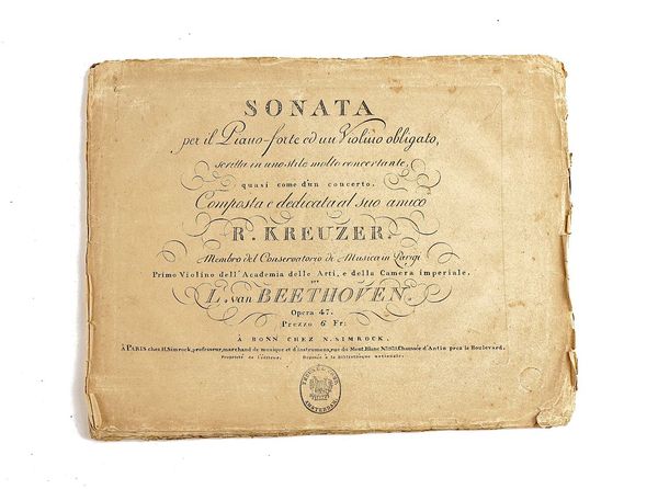 BEETHOVEN, Ludvig van (1770-1827).  Sonata per il Piano-forte ed un Violino obligato, [1805], stitched. FIRST EDITION.