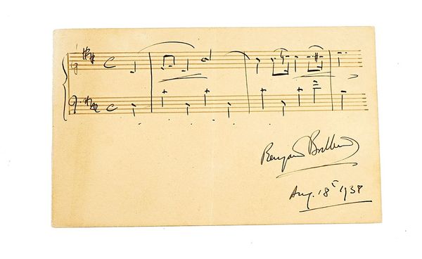 BRITTEN, Benjamin (1913-76). A manuscript musical quotation from the Piano Concerto, signed and dated.