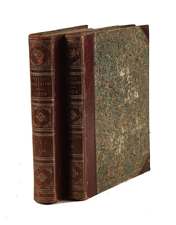 WRIGHT, George Newenham (c. 1794-1877). China in a Series of Views, London, [1843], 4 vols. bound in 2, engraved plates, contemporary half burgundy morocco. FIRST EDITION. (2)