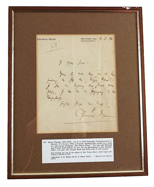 MANN, Thomas (1875-1955). A one-page autograph letter, dated 27 February 1920. With 7 other letters by various correspondents. (8)