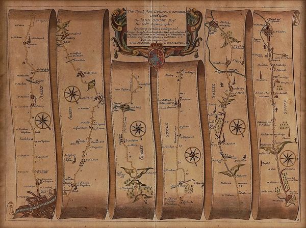 OGILBY, John (1600-76). The Road from London to Arundel, hand-coloured engraved "strip map", [London, c. 1675], framed and glazed.